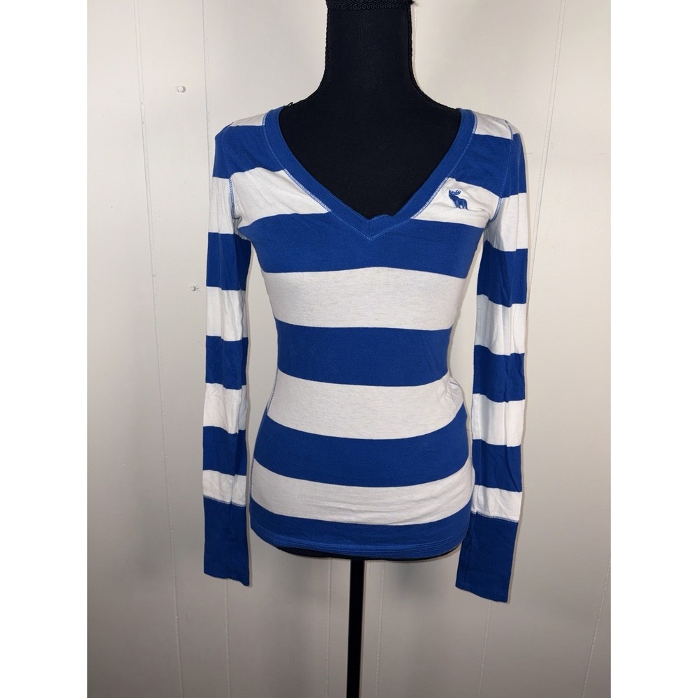 abercrombie y2k striped v neck blue white think stripe xs Moose